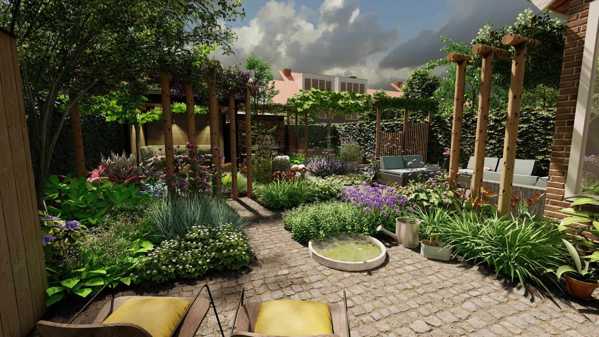 Gezellige cottage tuin met bloemen, paden en zitplek.